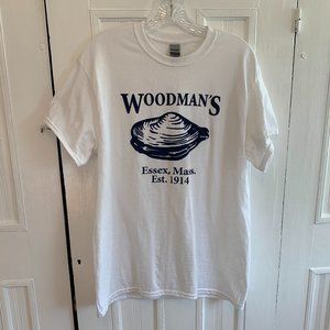 Woodman's of Essex T-shirt, White with Navy Blue Design, NWOT